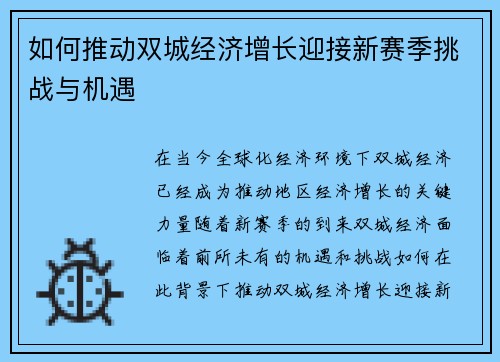 如何推动双城经济增长迎接新赛季挑战与机遇